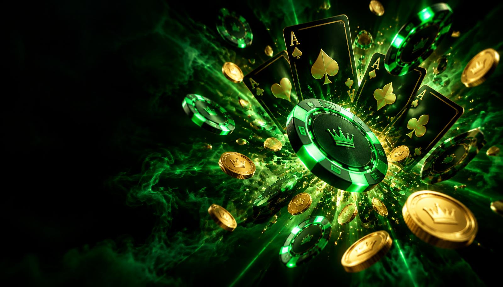 Neon green casino chips, gold coins and playing cards